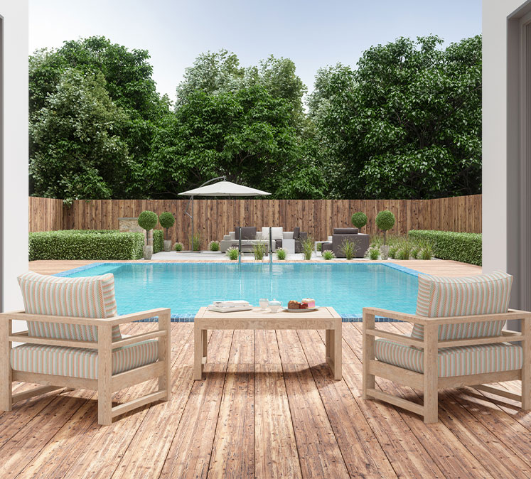 a wooden bench sitting next to a pool